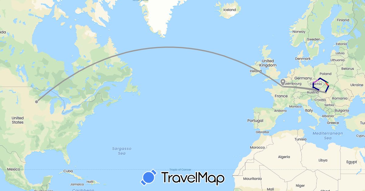 TravelMap itinerary: driving, bus, plane, train, hiking in Austria, Czech Republic, France, Hungary, Poland, Slovakia, United States (Europe, North America)